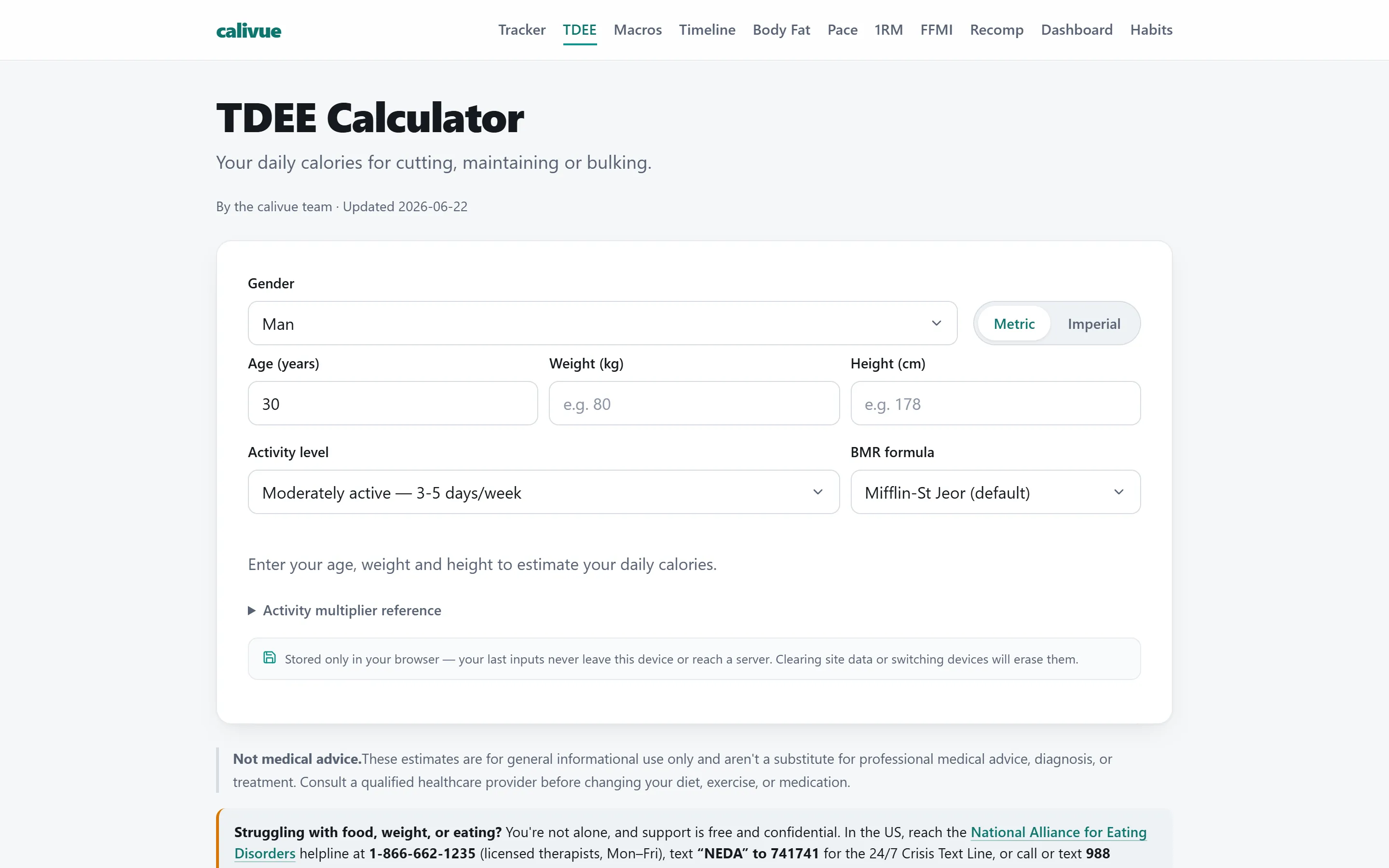 The TDEE calculator page: gender, age, weight, height and activity inputs with a metric and imperial toggle, the BMR formula named beside the form, and a note that inputs are stored only in the browser.