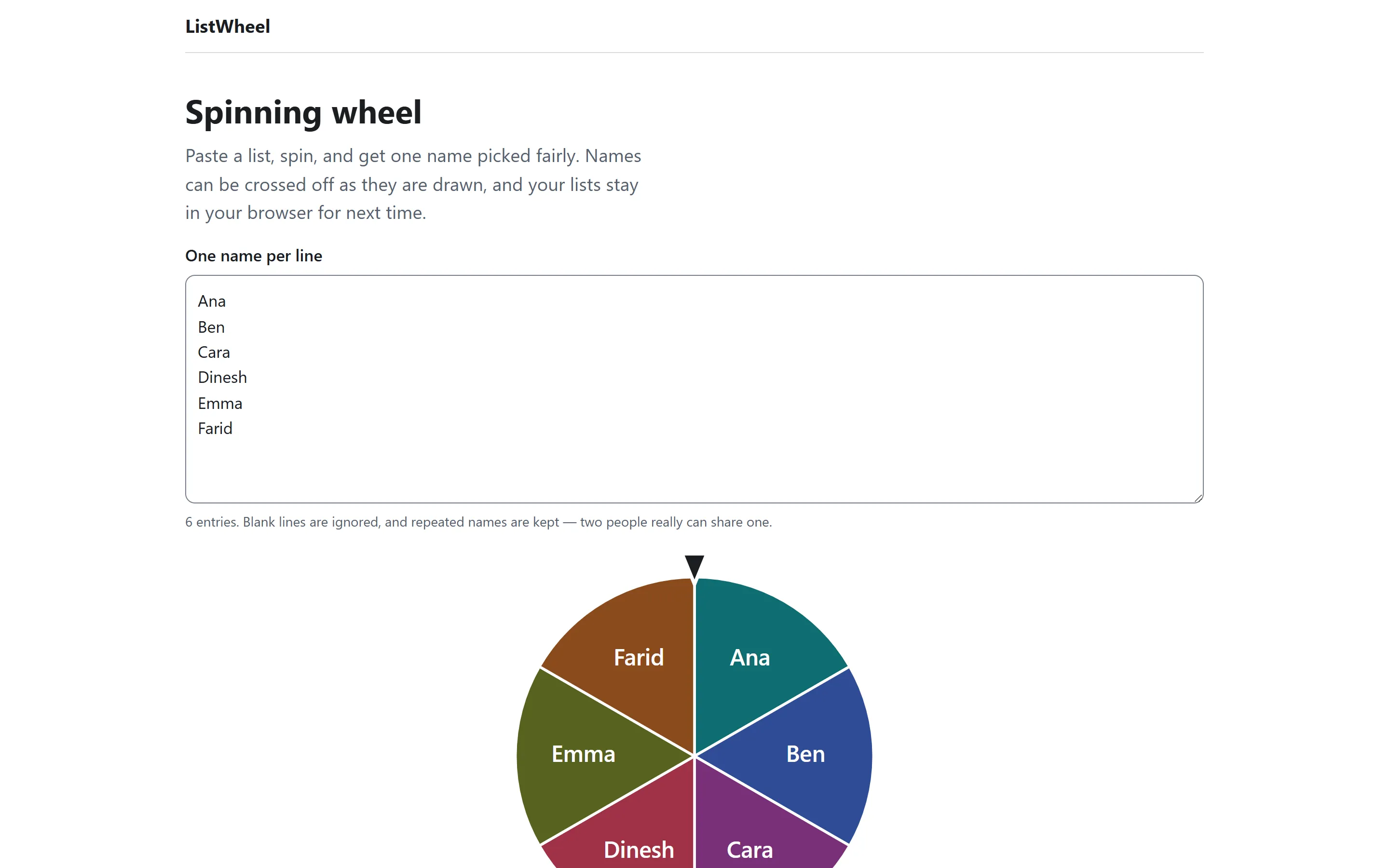 The spinning wheel page with a short list typed in: the wheel drawn with one coloured segment per name and the pointer at twelve, ready to spin.